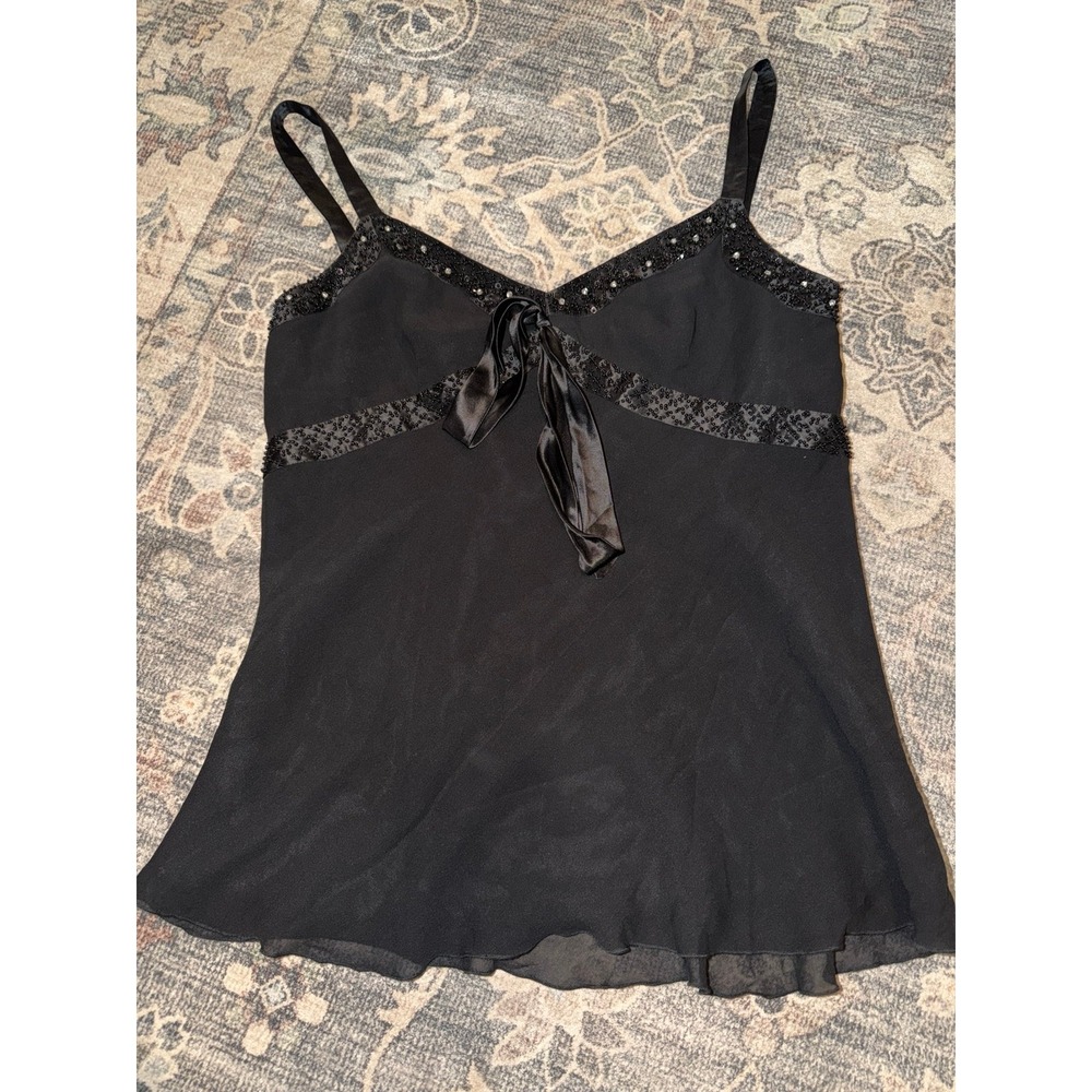 Vintage Cache Silk Black Beaded Cami Tank with Ribbon Tie Babydoll Style